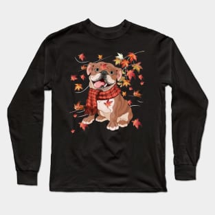 Maple Dog Leaf Fall Hello Autumn Funny Bulldog Lover Long Sleeve T-Shirt